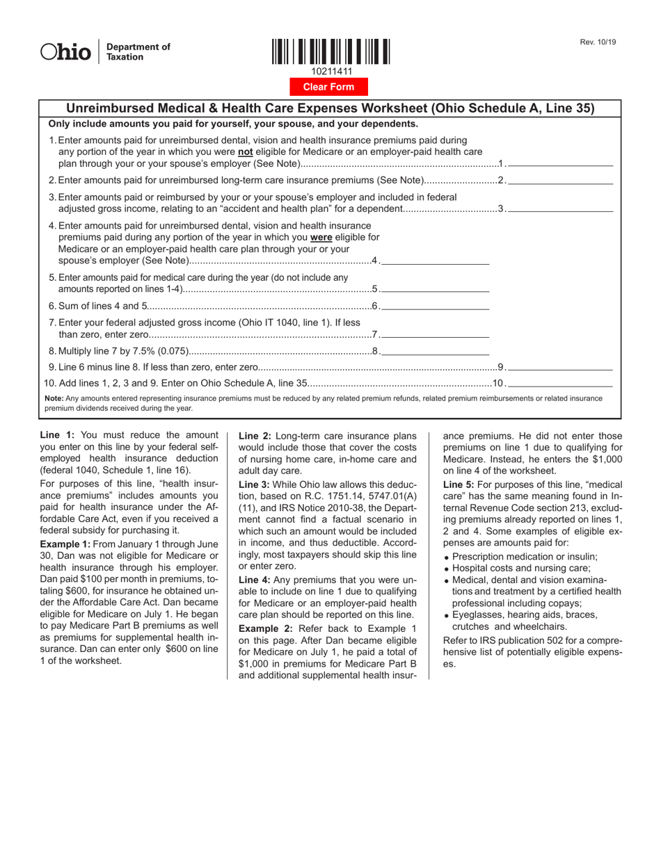 Unreimbursed Medical  Health Care Expenses Worksheet for Ohio Schedule a, Line 35 - Ohio, Page 1