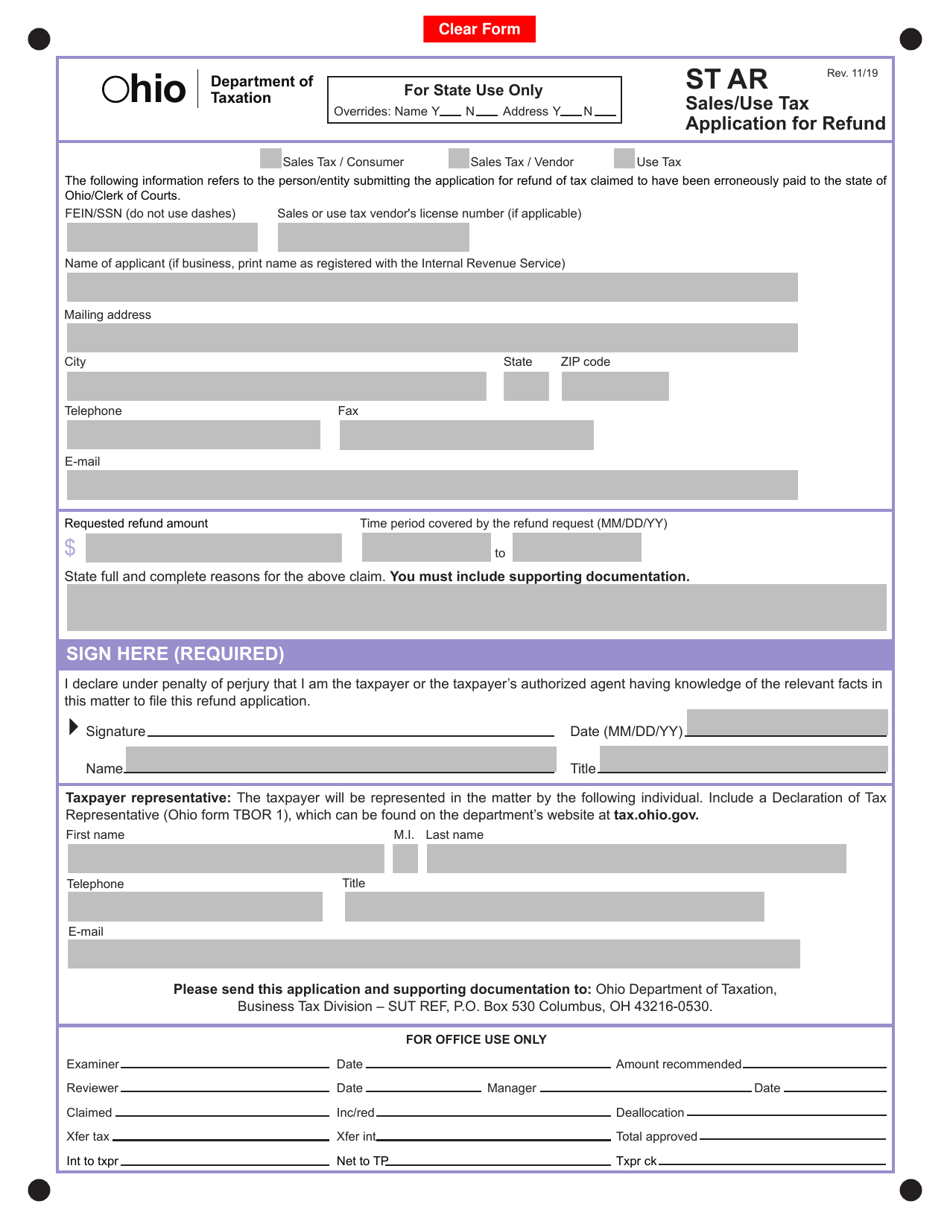 Form ST AR Application for Sales / Use Tax Refund - Ohio, Page 1