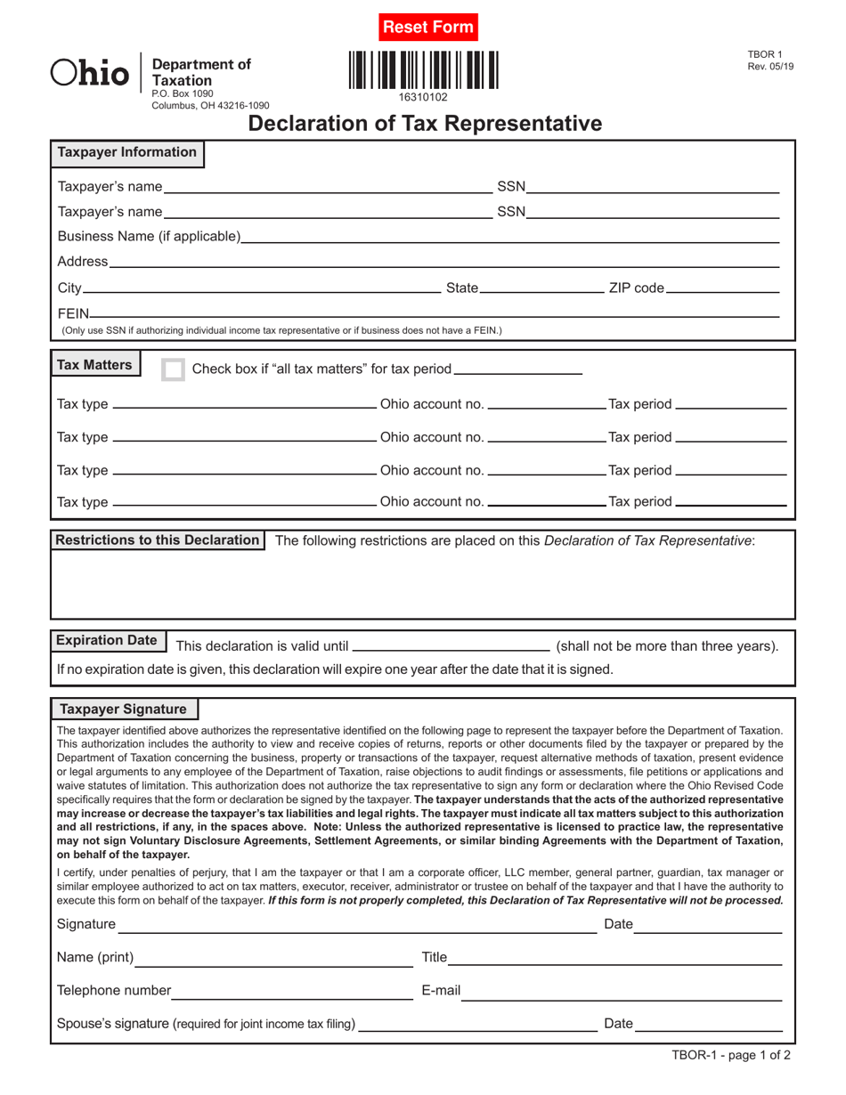 Form TBOR1 Declaration of Tax Representative - Ohio, Page 1