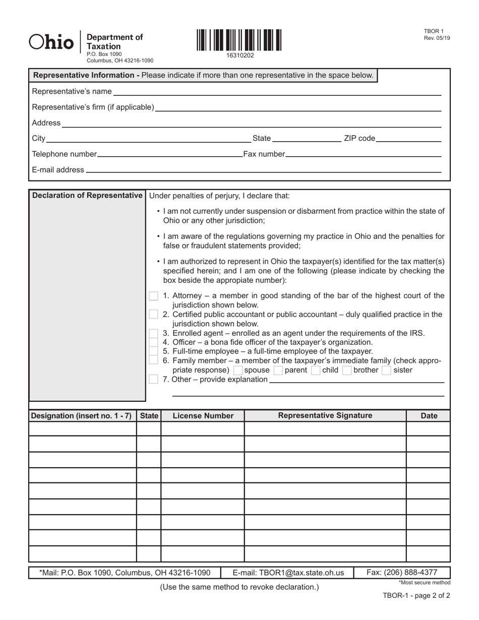Form TBOR1 Declaration of Tax Representative - Ohio, Page 2