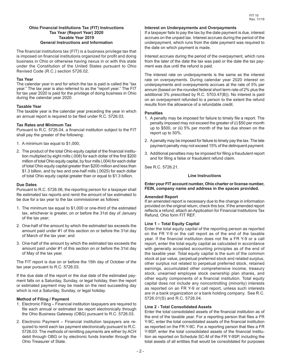 Instructions for Form FIT10 Financial Institutions Tax Report - Ohio, Page 2
