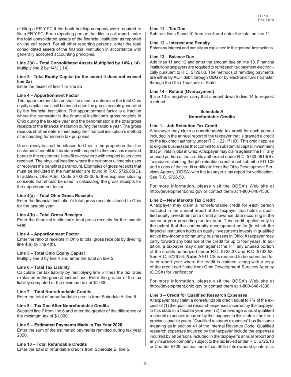 Instructions for Form FIT10 Financial Institutions Tax Report - Ohio, Page 3