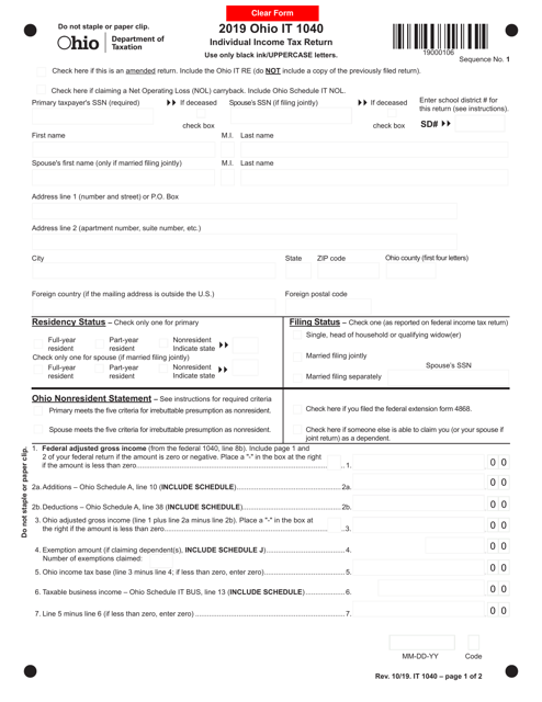 Form IT1040 Individual Income Tax Return - Ohio, 2019