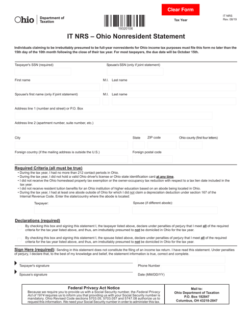Form IT NRS Fill Out, Sign Online and Download Fillable PDF, Ohio