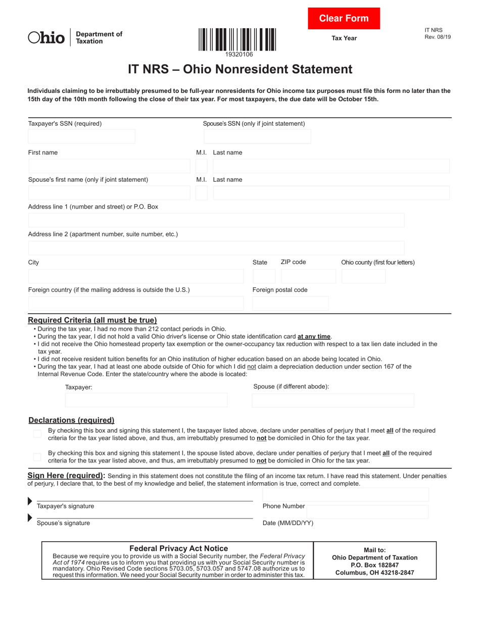 Form IT NRS Ohio Nonresident Statement - Ohio, Page 1