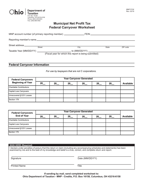 Form MNP FCW Municipal Net Profit Tax Federal Carryover Worksheet - Ohio