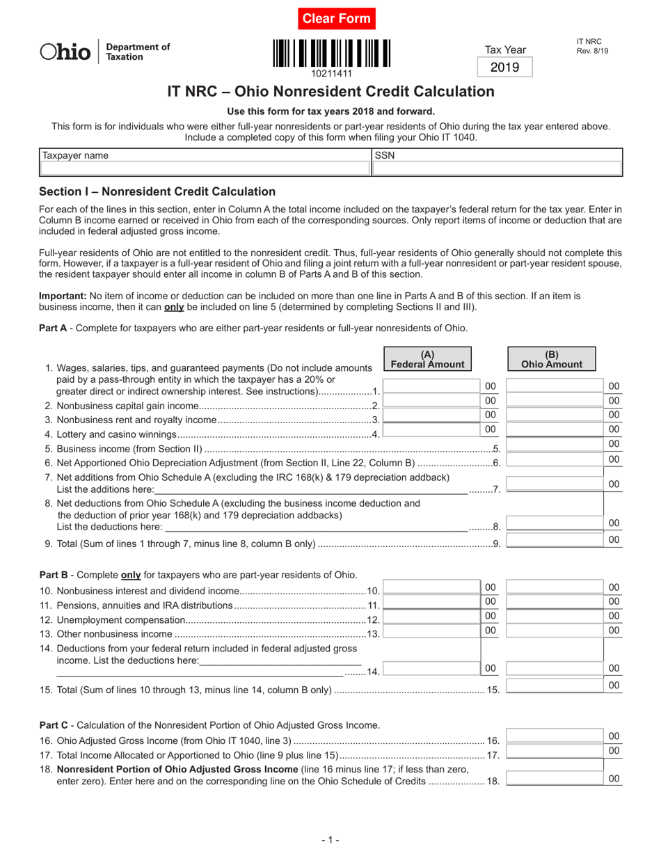 Form IT NRC Ohio Nonresident Credit Calculation - Ohio, Page 1