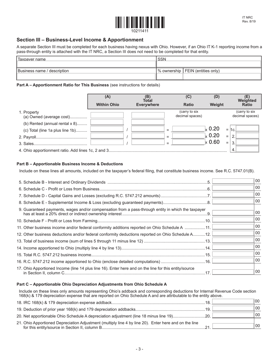 Form IT NRC Ohio Nonresident Credit Calculation - Ohio, Page 3