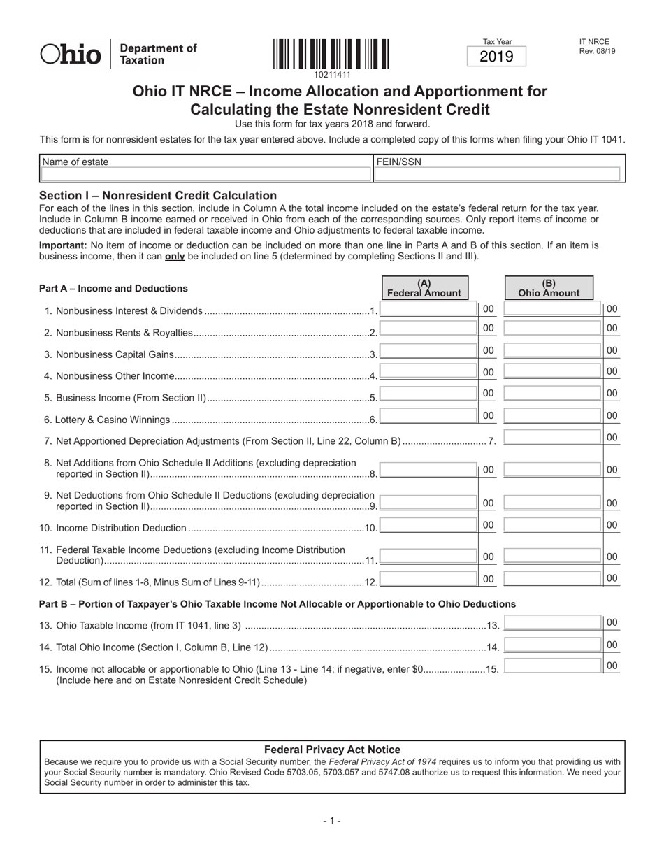 Form IT NRCE Income Allocation and Apportionment for Calculating the Estate Nonresident Credit - Ohio, Page 1
