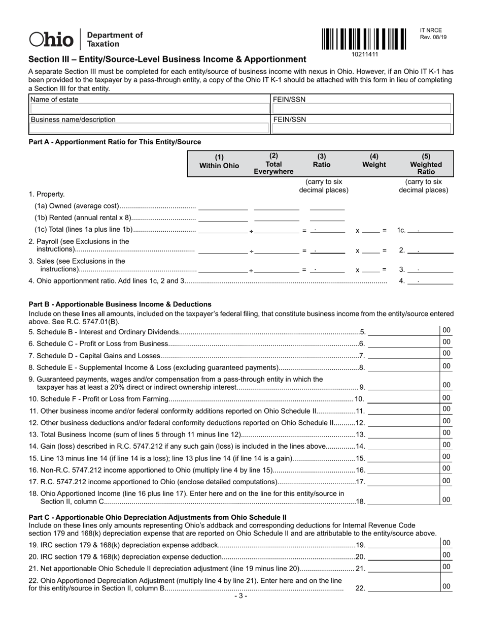 Form IT NRCE Income Allocation and Apportionment for Calculating the Estate Nonresident Credit - Ohio, Page 3
