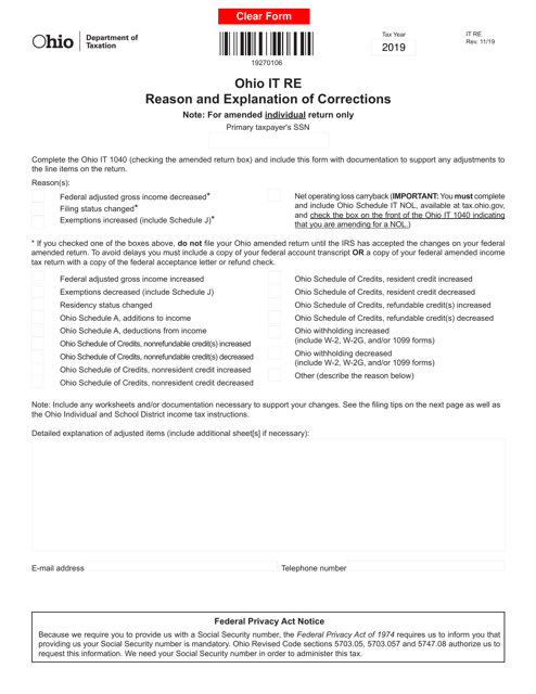 Form IT RE Reason and Explanation of Corrections - Ohio