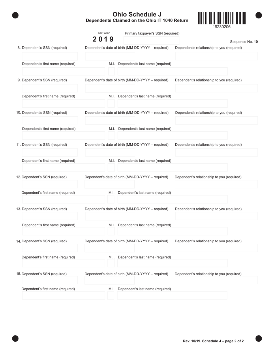Schedule J Dependents Claimed on the Ohio It 1040 Return - Ohio, Page 2