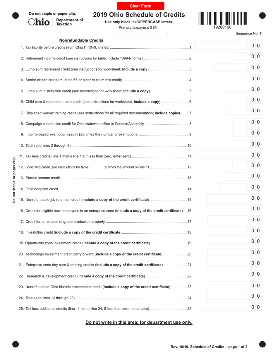 2019 Ohio Ohio Schedule Of Credits Download Fillable Pdf | Templateroller