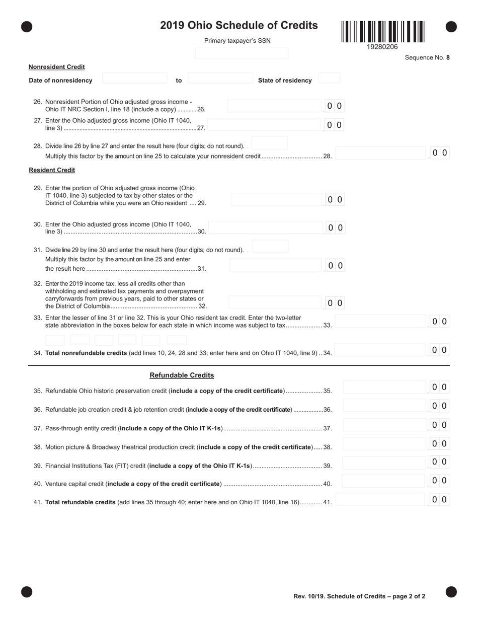 2019 Ohio Ohio Schedule of Credits Fill Out, Sign Online and Download