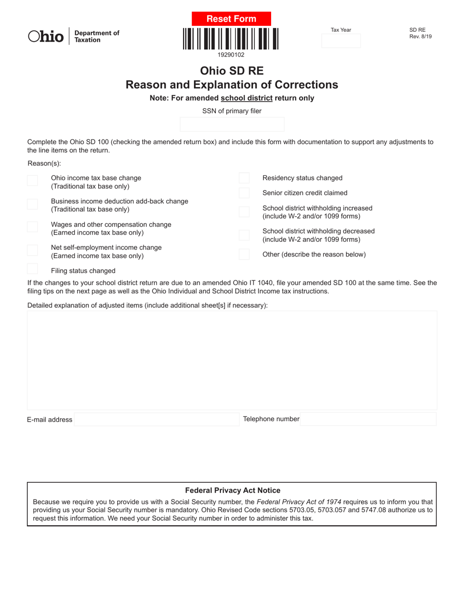 Form SD RE Reason and Explanation of Corrections - Ohio, Page 1