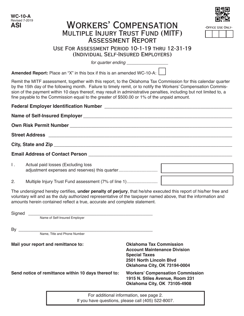 Form WC-10-A Workers Compensation Mitf Assessment Report (Individual Self-insured Employers) (Assessment Period 10-1-19 to 12-31-19) - Oklahoma, Page 1
