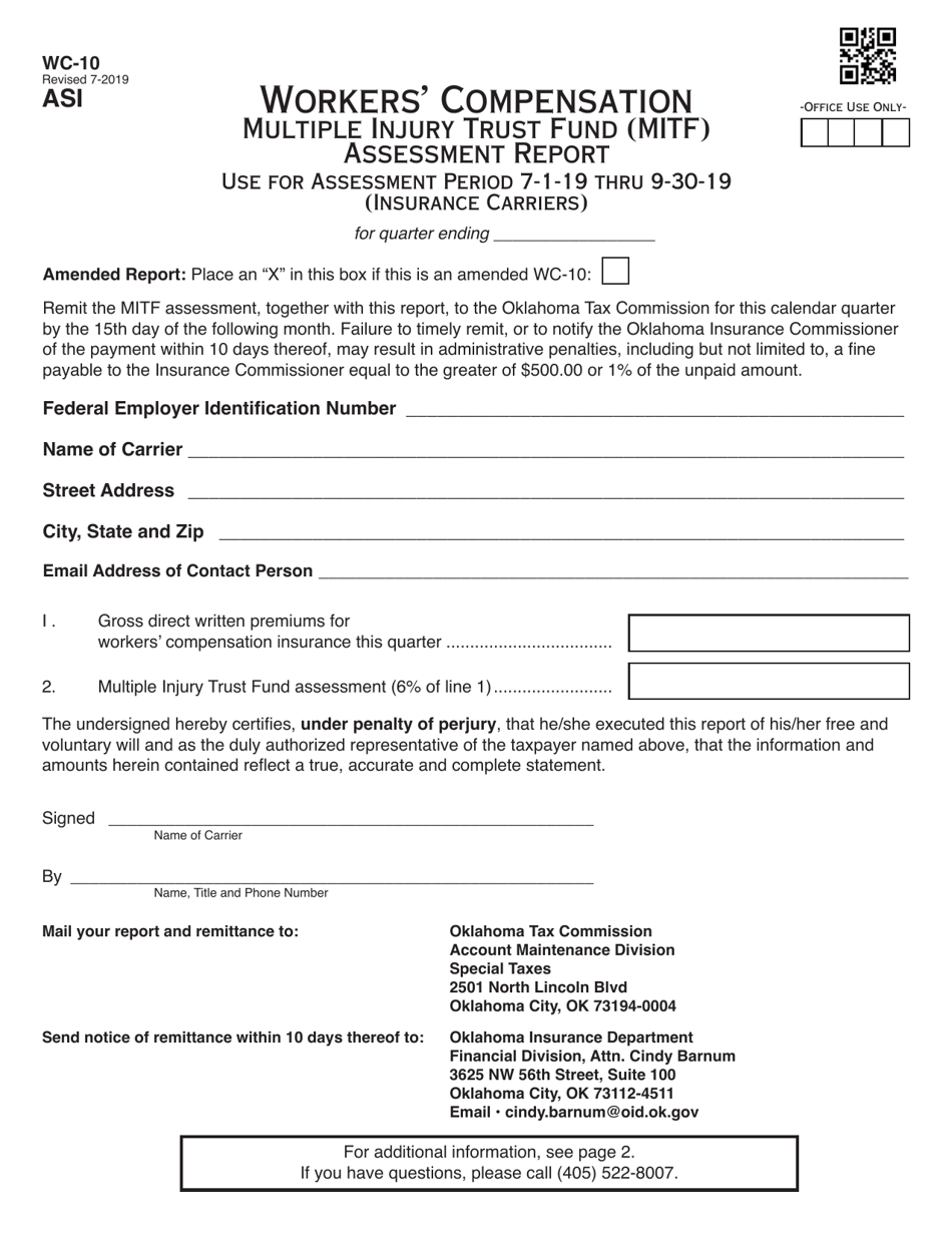 Form WC-10 Workers Compensation Mitf Assessment Report (Insurance Carriers and Compsource Oklahoma) (Assessment Period 7-1-19 to 9-30-19) - Oklahoma, Page 1