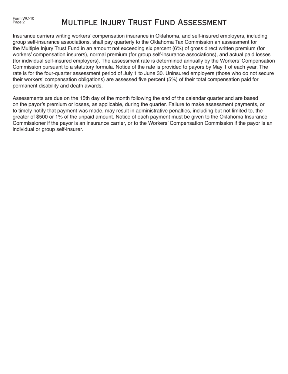 Form WC-10 Workers Compensation Mitf Assessment Report (Insurance Carriers and Compsource Oklahoma) (Assessment Period 7-1-19 to 9-30-19) - Oklahoma, Page 2