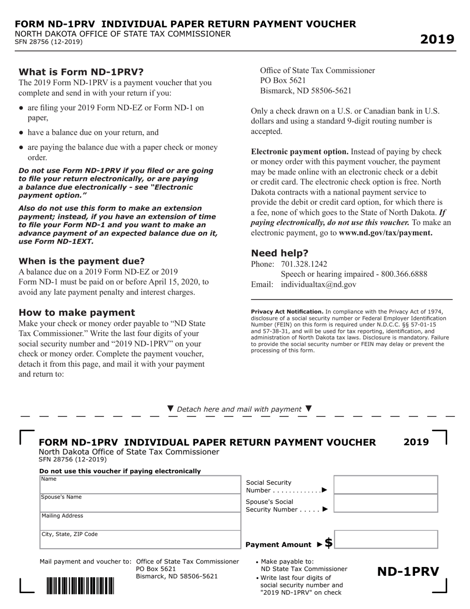 Form ND-1PRV (SFN28756) Paper Return Payment Voucher - North Dakota, Page 1