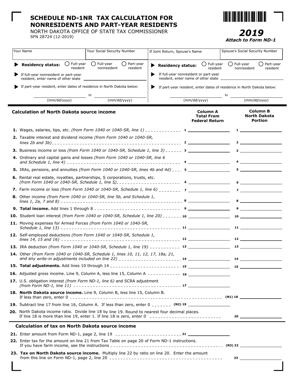 Form ND-1 (SFN28724) Schedule ND-N1NR Tax Calculation for Nonresidents and Part-Year Residents - North Dakota, Page 1