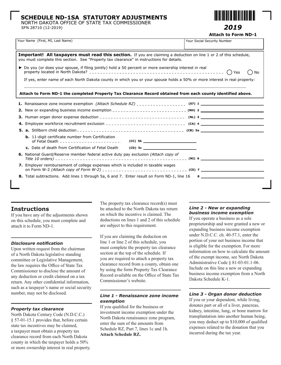 Form ND-1 (SFN28710) Schedule ND-1SA - 2019 - Fill Out, Sign Online and ...