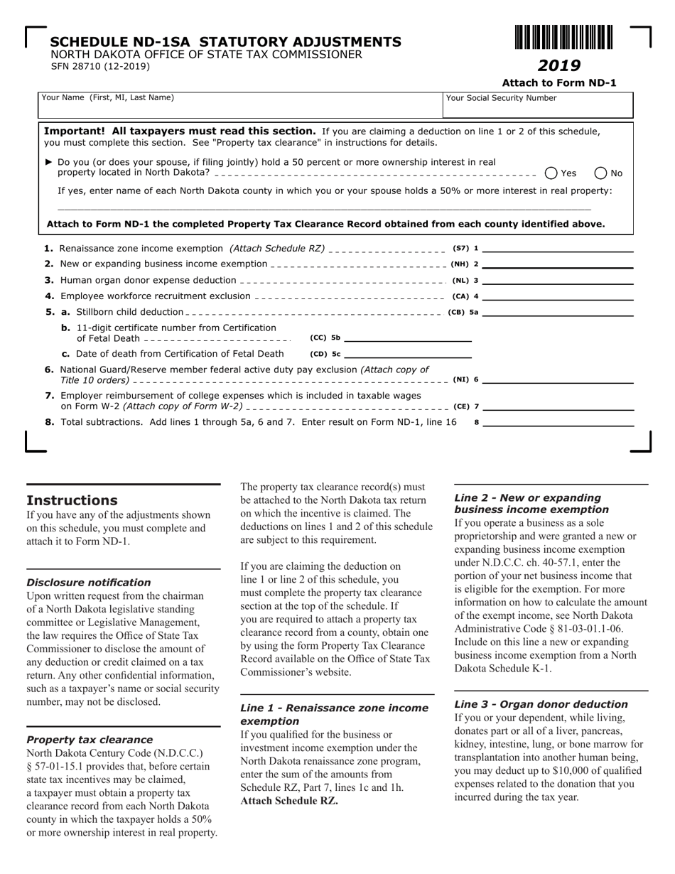 Form ND-1 (SFN28710) Schedule ND-1SA Statutory Adjustments - North Dakota, Page 1