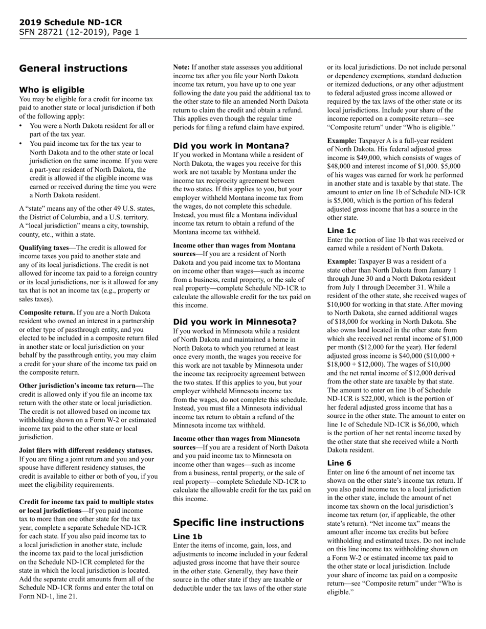 Form ND-1 (SFN28721) Schedule ND-1CR Credit for Income Tax Paid to Another State - North Dakota, Page 2