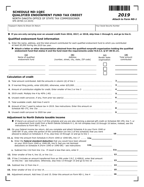 Form ND-1 (SFN28708) Schedule ND-1QEC Qualified Endowment Fund Tax Credit - North Dakota, 2019