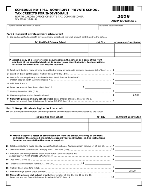 Form ND-1 (SFN28741) Schedule ND-1PSC Nonprofit Private School Tax Credits for Individuals - North Dakota, 2019