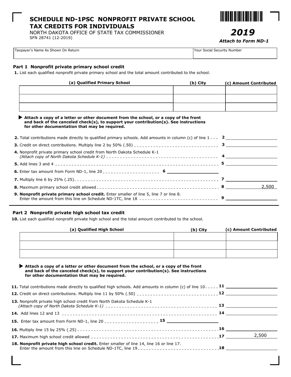 Form ND-1 (SFN28741) Schedule ND-1PSC Nonprofit Private School Tax Credits for Individuals - North Dakota, Page 1