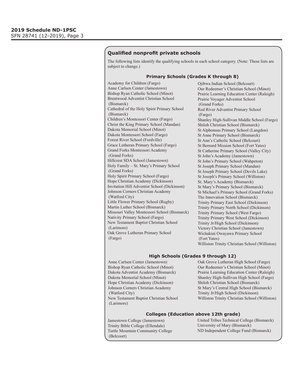 Form ND-1 (SFN28741) Schedule ND-1PSC Nonprofit Private School Tax Credits for Individuals - North Dakota, Page 3