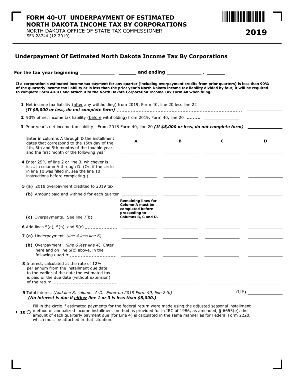 Form 40-UT (SFN28744) Underpayment of Estimated North Dakota Income Tax by Corporations - North Dakota, Page 1