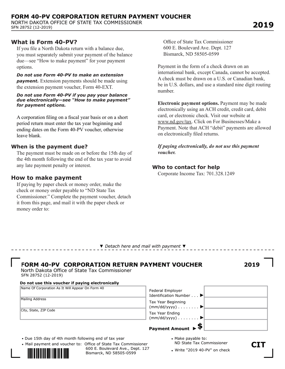 Form 40-PV (SFN28752) Corporation Return Payment Voucher - North Dakota, Page 1