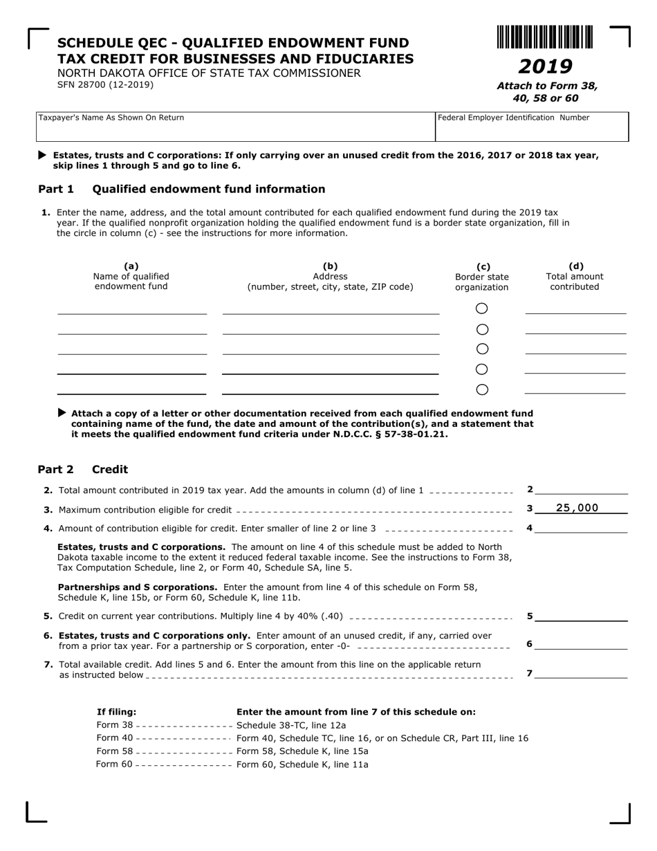 Form SFN28700 Schedule QEC Qualified Endowment Fund Tax Credit for Businesses and Fiduciaries - North Dakota, Page 1