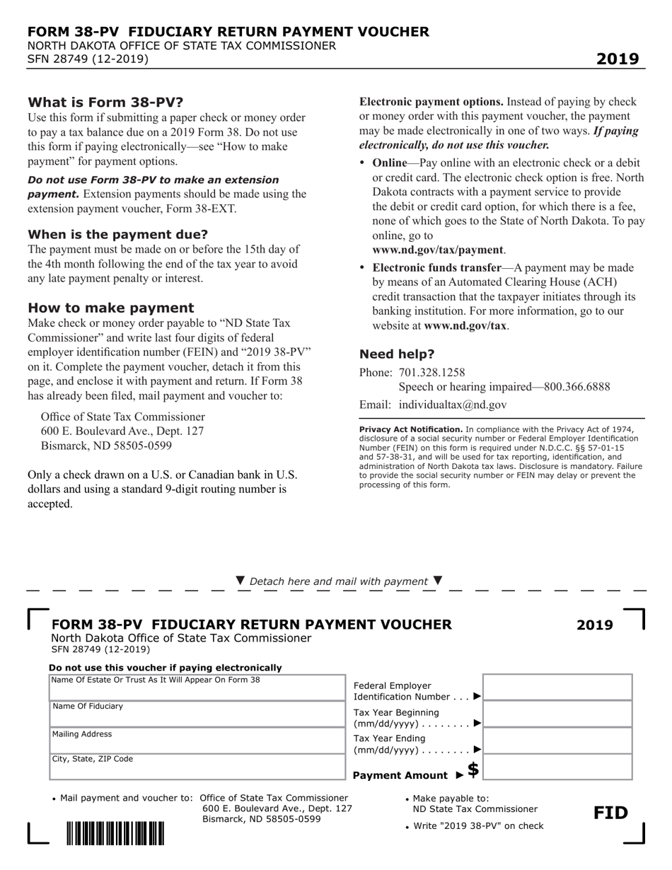 Form 38-PV (SFN28749) Fiduciary Return Payment Voucher - North Dakota, Page 1