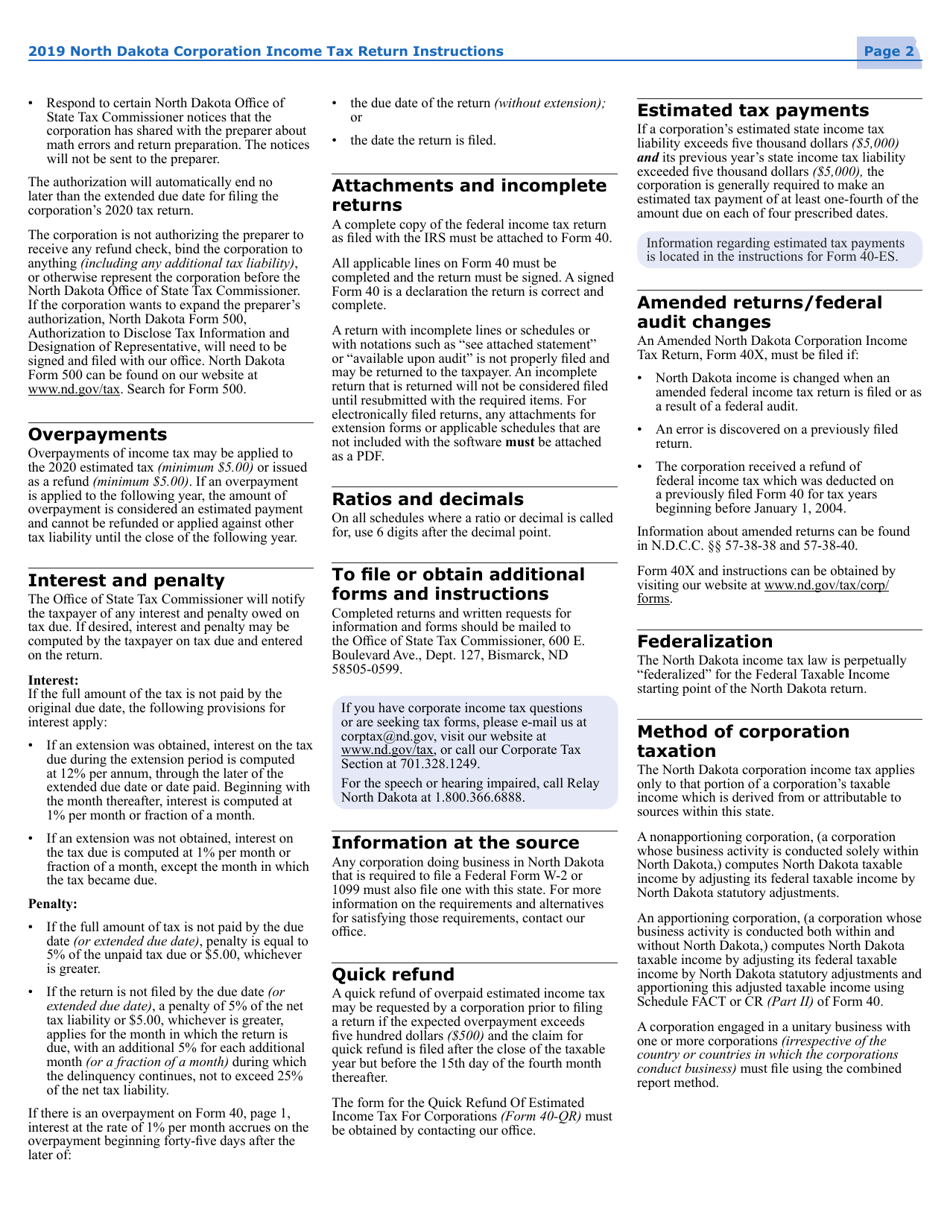 Instructions for Form 40 Corporation Income Tax Return - North Dakota, Page 5