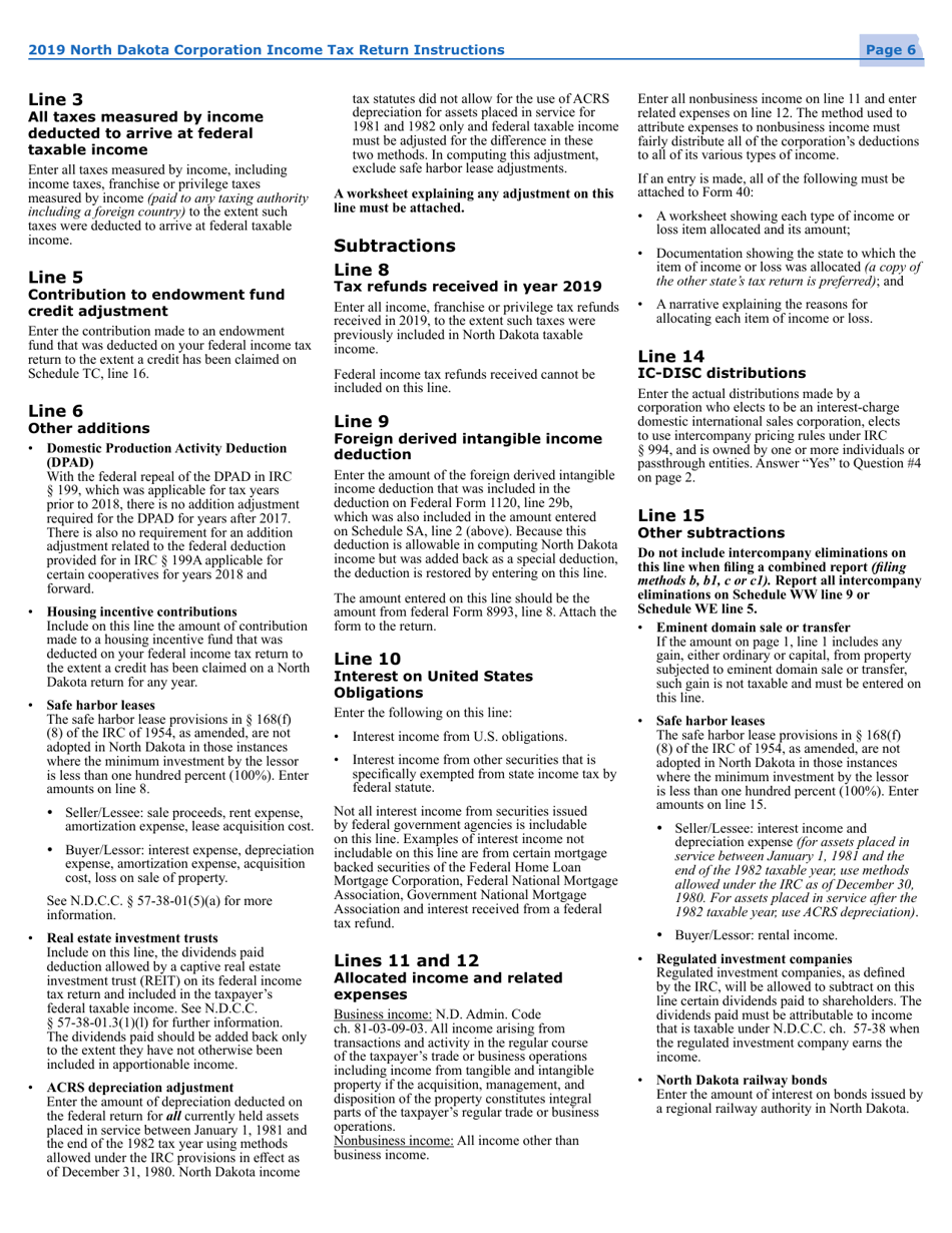 Instructions for Form 40 Corporation Income Tax Return - North Dakota, Page 9
