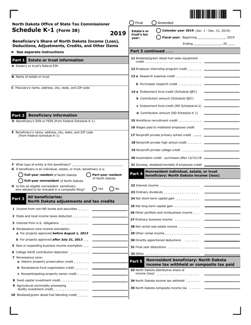 Form 38 (SFN28739) Schedule K-1 2019 Printable Pdf