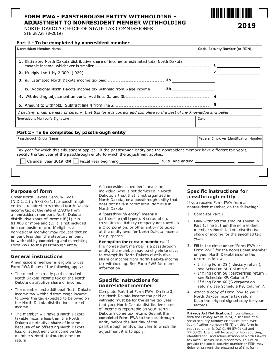 Form PWA (SFN28728) Passthrough Entity Withholding - Adjustment to Nonresident Member Withholding - North Dakota, Page 1