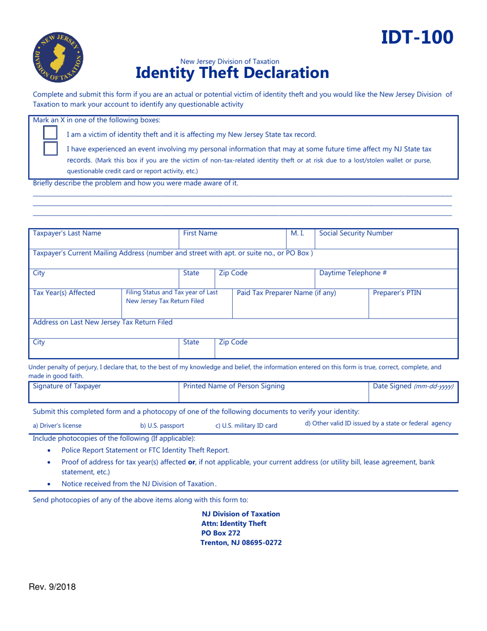 Form IDT-100 Identity Theft Declaration - New Jersey, Page 1