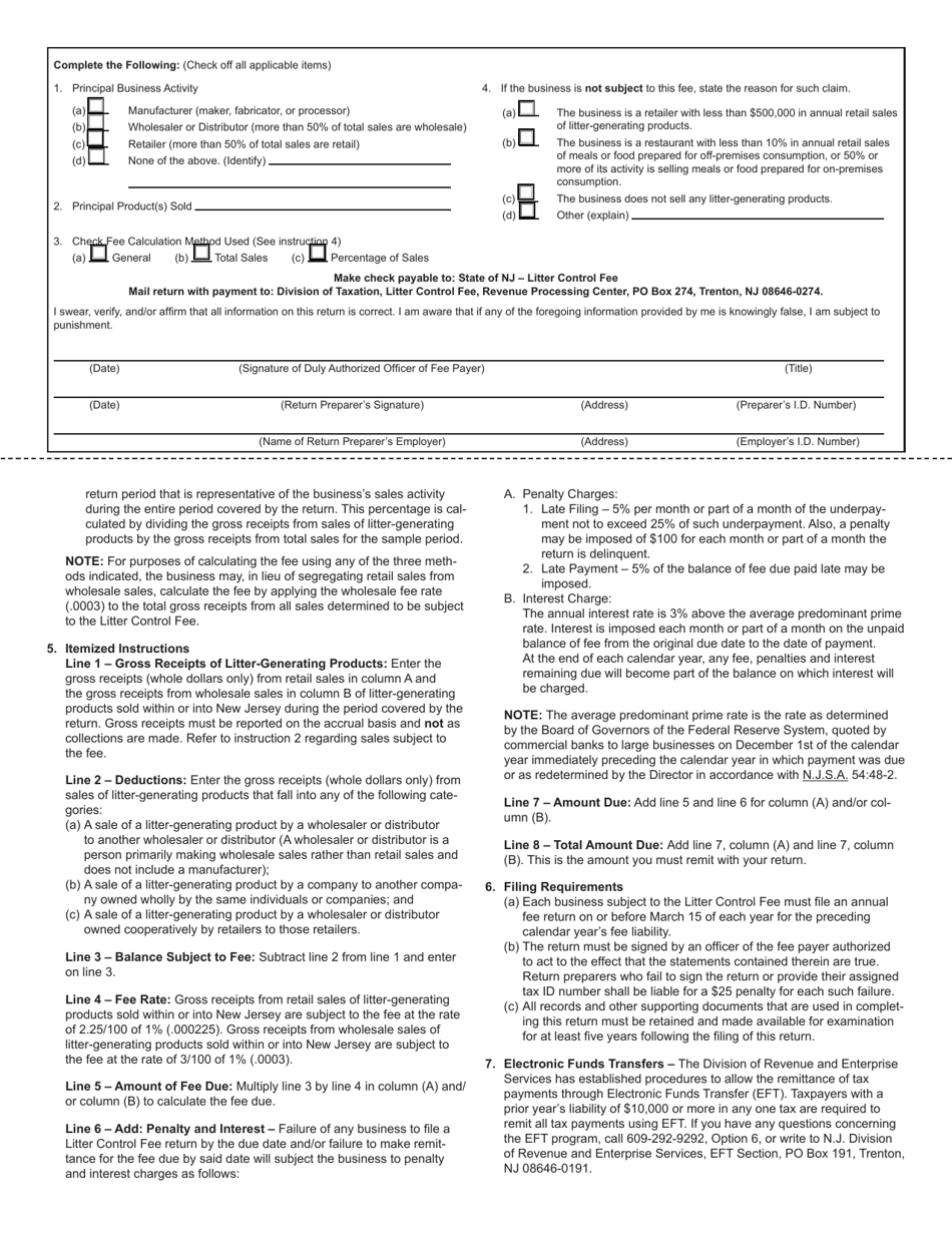 Form LF-5 State of New Jersey Litter Control Fee Return - New Jersey, Page 2