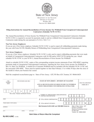 Document preview: Schedule NJ-W-3-UNC Annual Reconciliation of Gross Income Tax Withheld From Unregistered Unincorporated Contractors - New Jersey