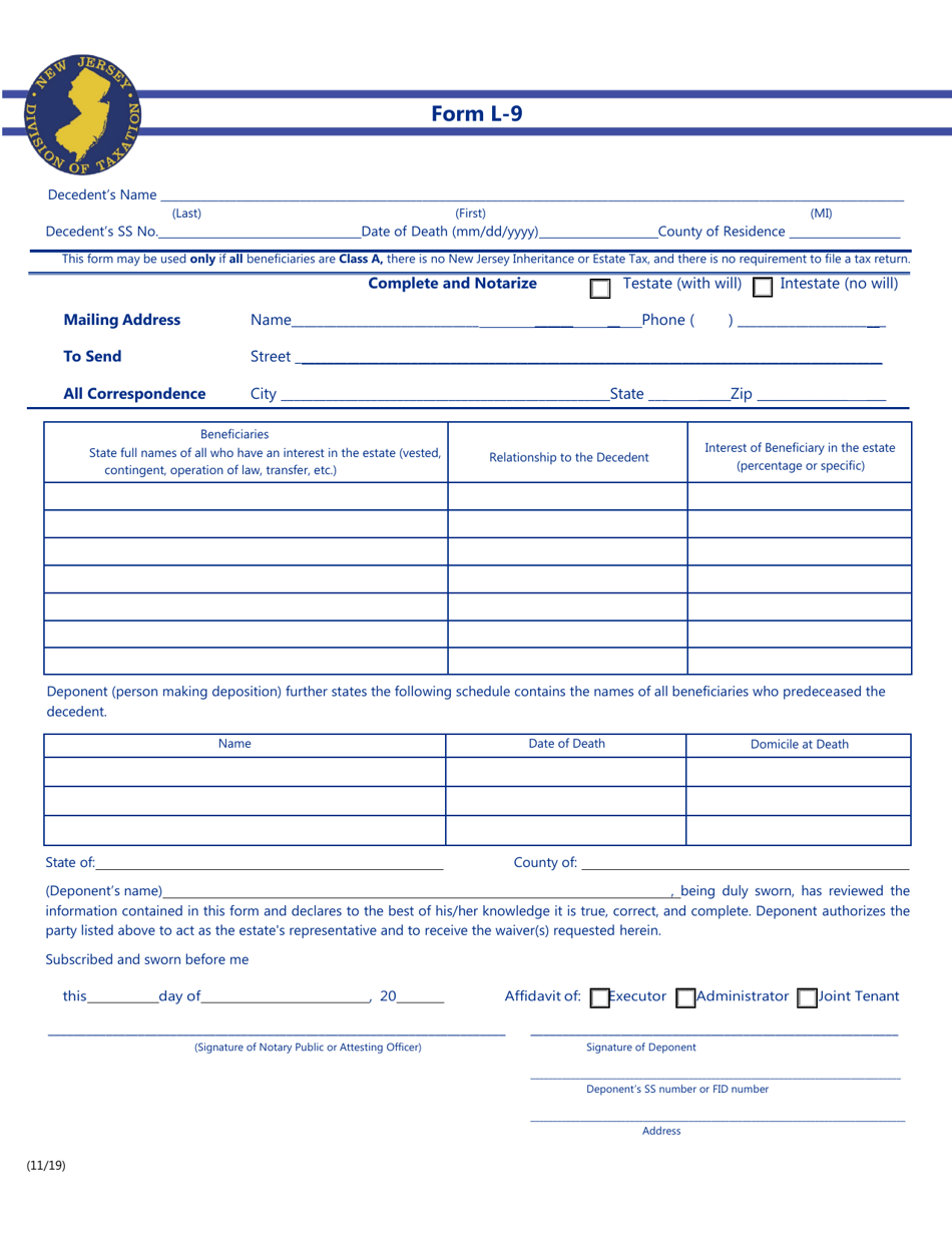 Form L-9 Affidavit for Real Property Tax Waiver: Resident Decedent - New Jersey, Page 2