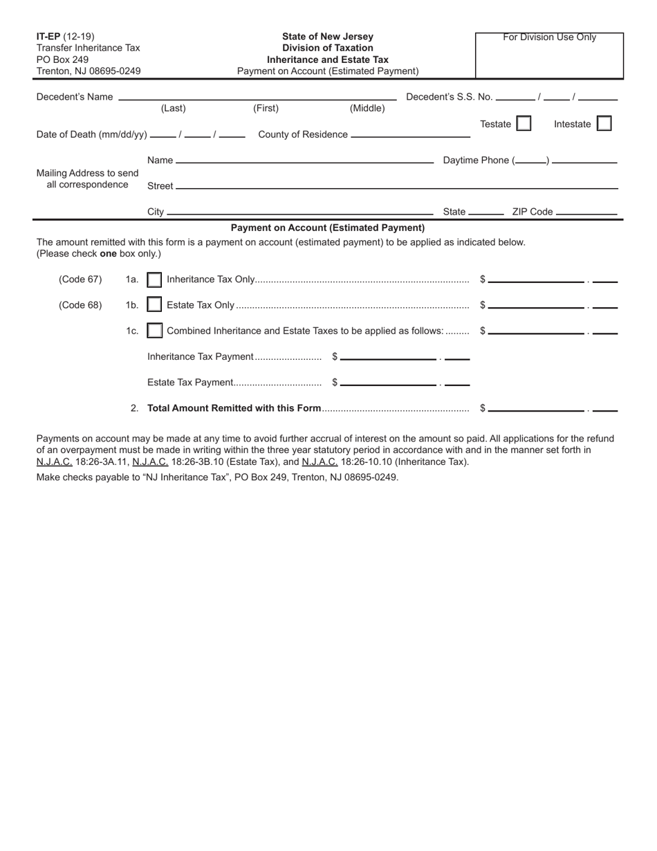 Form IT-EP Inheritance and Estate Tax Payment on Account (Estimated Payment) - New Jersey, Page 1
