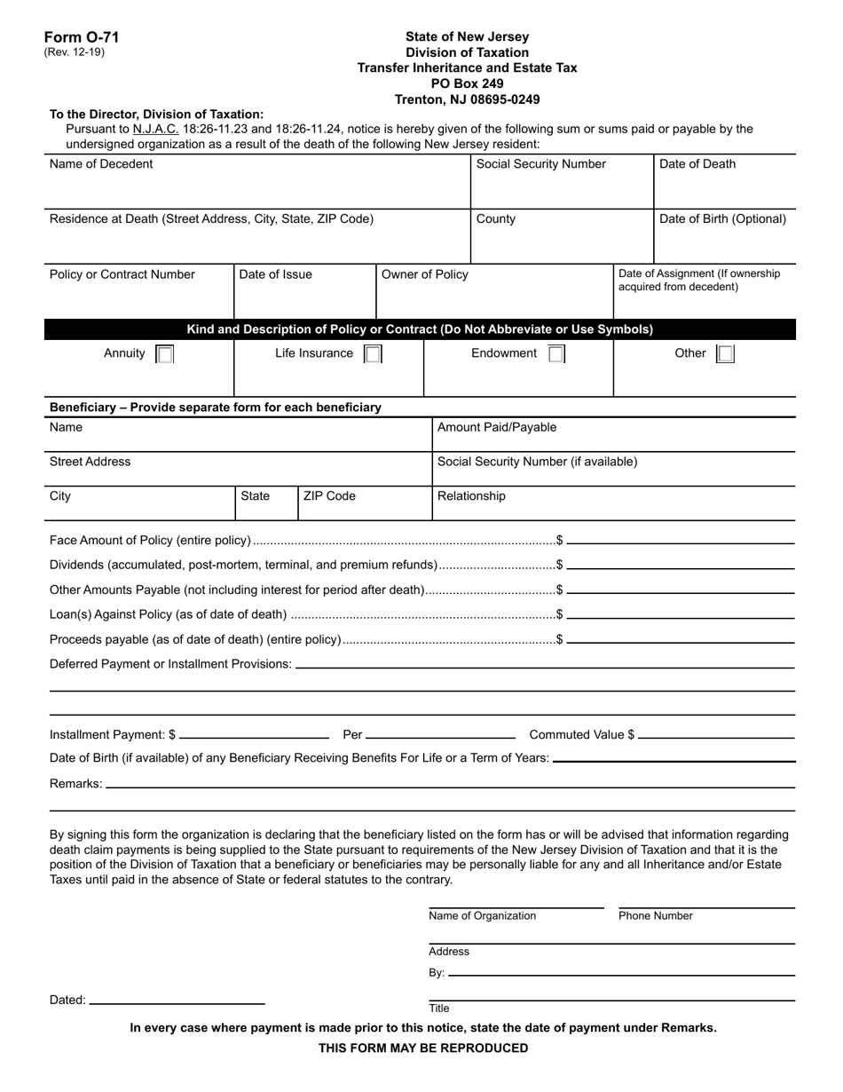 Form O-71 Transfer Inheritance and Estate Tax - New Jersey, Page 1