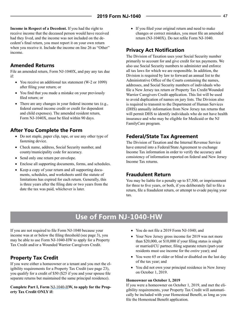Instructions for Form NJ-1040-HW Property Tax Credit Application and Wounded Warrior Caregivers Credit Application - New Jersey, Page 1