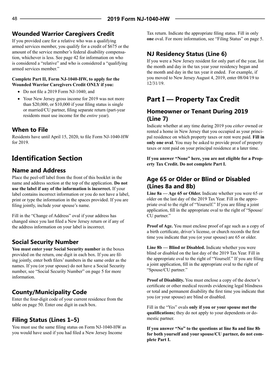 Instructions for Form NJ-1040-HW Property Tax Credit Application and Wounded Warrior Caregivers Credit Application - New Jersey, Page 2