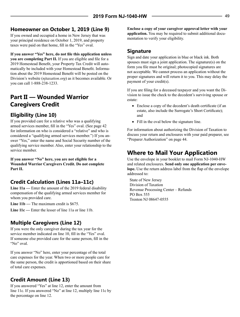 Instructions for Form NJ-1040-HW Property Tax Credit Application and Wounded Warrior Caregivers Credit Application - New Jersey, Page 3