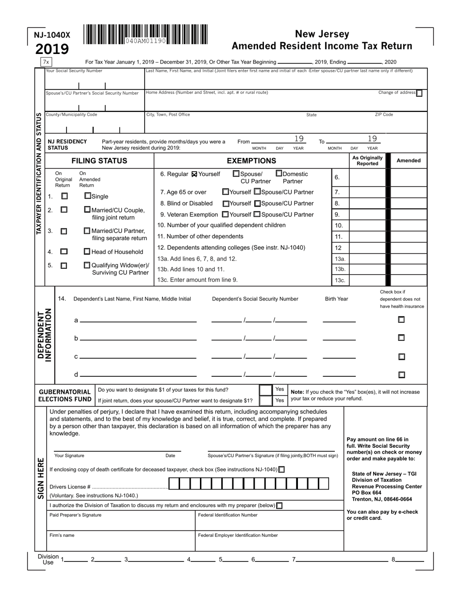 Form NJ-1040X New Jersey Amended Resident Income Tax Return - New Jersey, Page 1