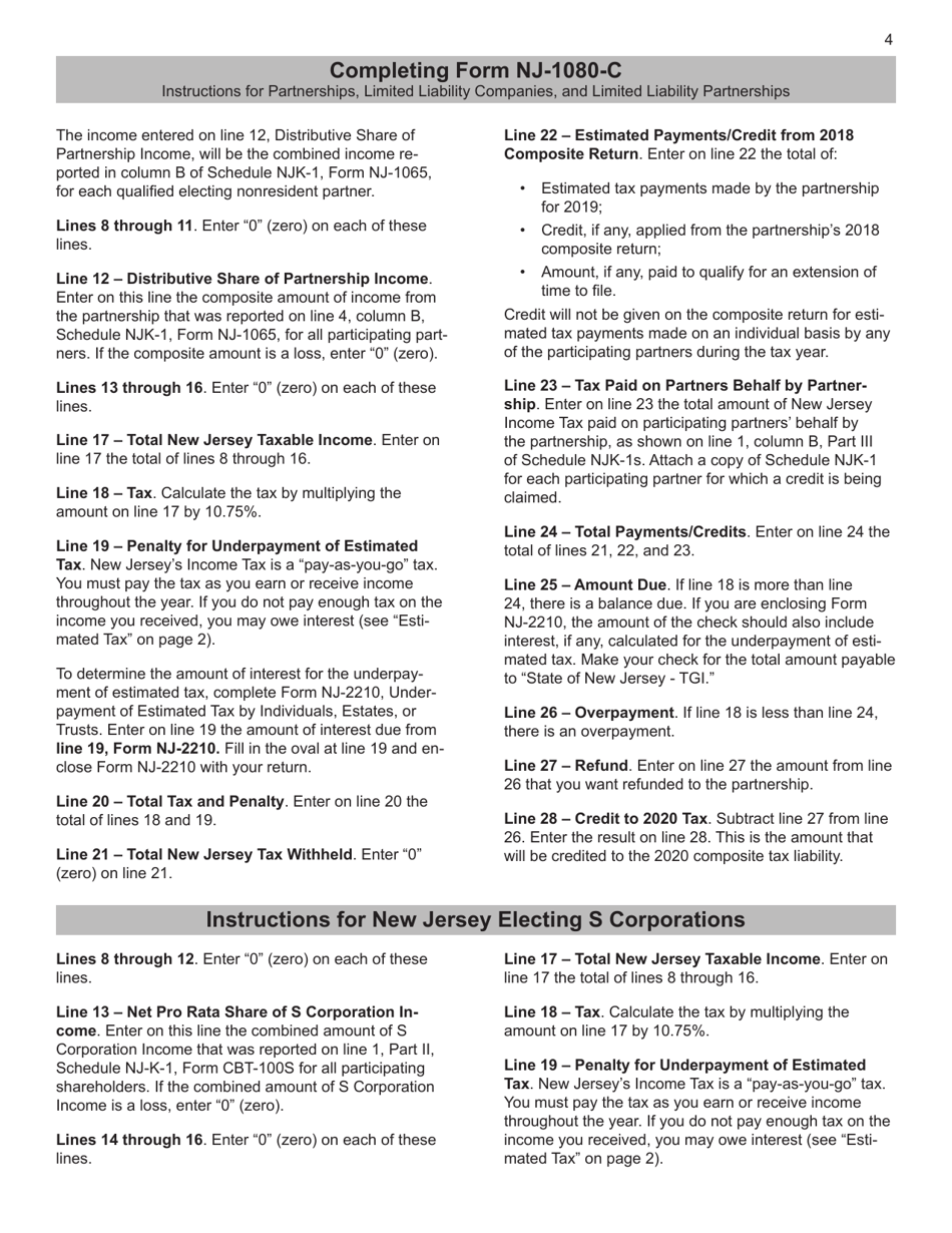 Instructions for Form NJ-1080-C, NJ-1080E Nonresident Composite Return - New Jersey, Page 4